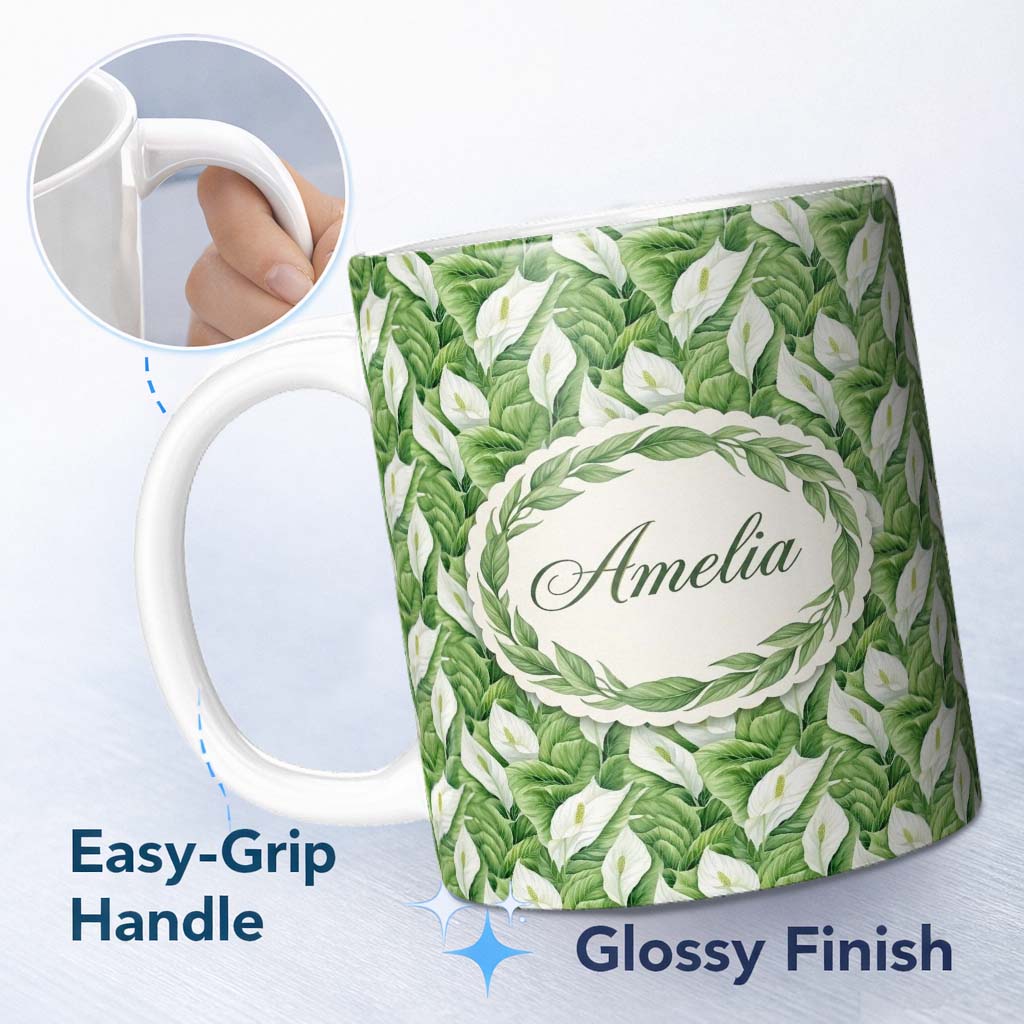 Personalized Custom Name Lush Green Peace Lily Leaves Botanical Seamless Pattern Name Cute 11oz Ceramic Coffee Tea Mug White Large Handle