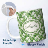 Personalized Custom Name Lush Green Peace Lily Leaves Botanical Seamless Pattern Name Cute 11oz Ceramic Coffee Tea Mug White Large Handle