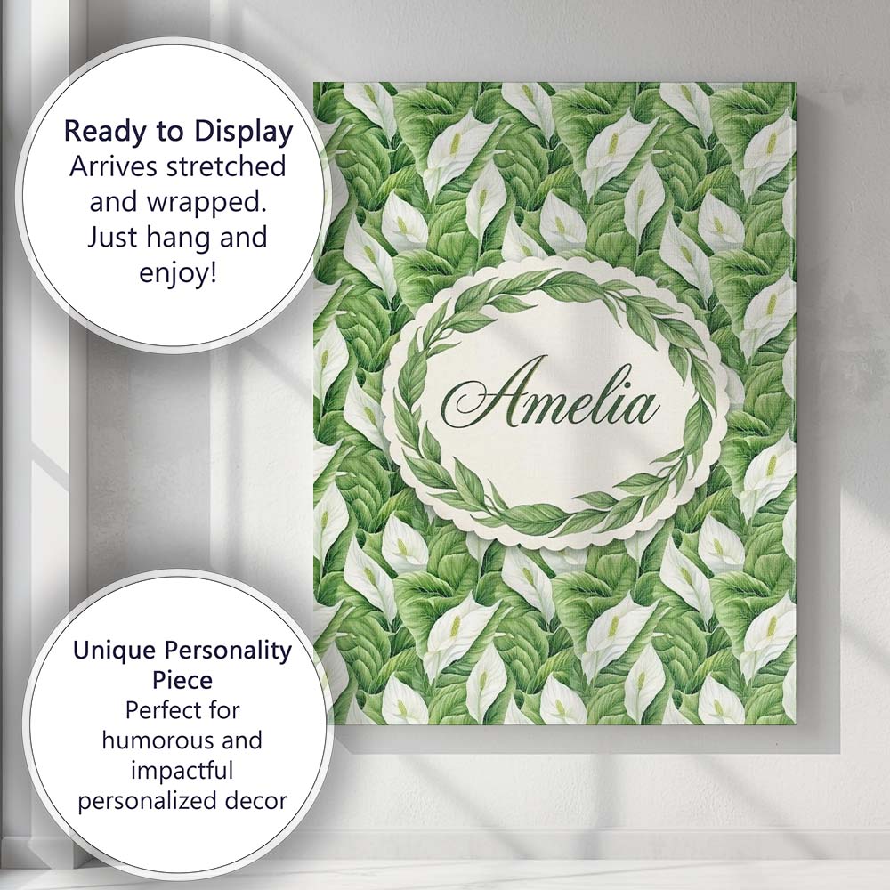 Personalised Name Lush Green Peace Lily Custom  Modern Room Accent Elegant Feature Canvas Wall Art Print Decor Picture Ready to Hang