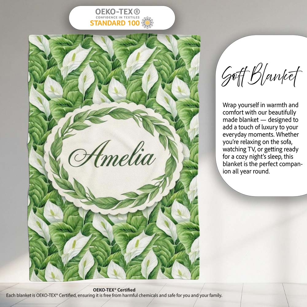Lush Green Peace Lily Leaves Botanical Seamless Pattern Name Cute  Personalised Custom Name Super Soft Fleece Blanket Bed Sofa Throw