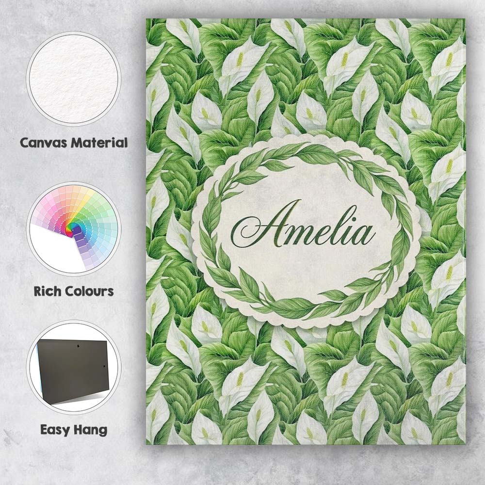 Personalised Name Lush Green Peace Lily Custom  Modern Room Accent Elegant Feature Canvas Wall Art Print Decor Picture Ready to Hang