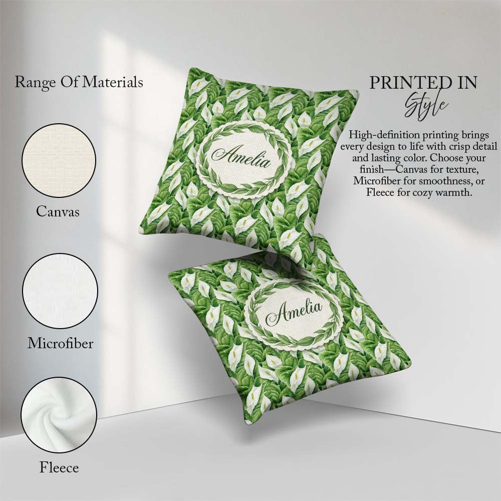 Custom Name Lush Green Peace Lily Leaves Botanical Seamless Name Square Filled Cushion Throw Pillow Sofa Bed Home Decor Zip Washable UK Made