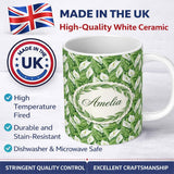 Personalized Custom Name Lush Green Peace Lily Leaves Botanical Seamless Pattern Name Cute 11oz Ceramic Coffee Tea Mug White Large Handle