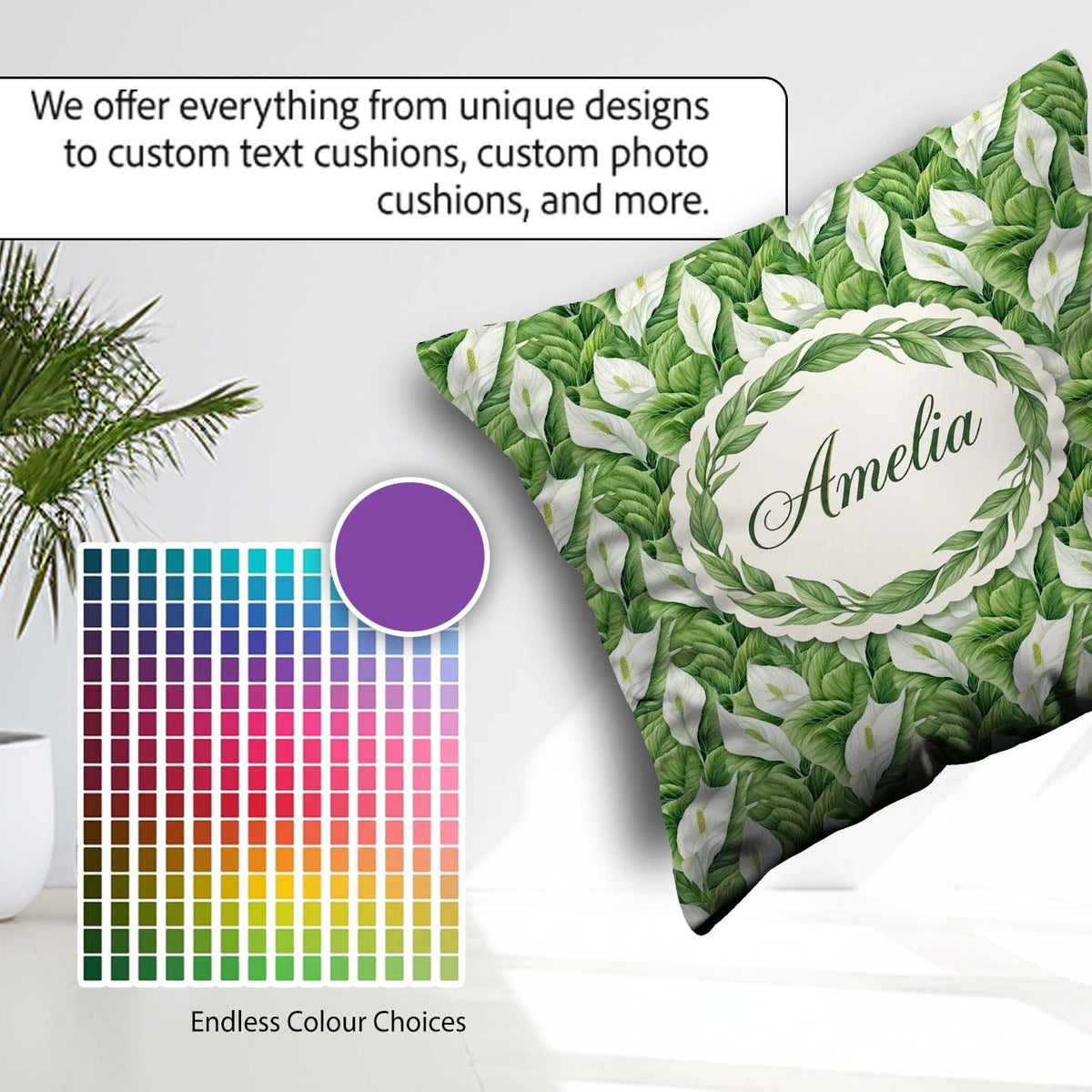 Custom Name Lush Green Peace Lily Leaves Botanical Seamless Name Square Filled Cushion Throw Pillow Sofa Bed Home Decor Zip Washable UK Made