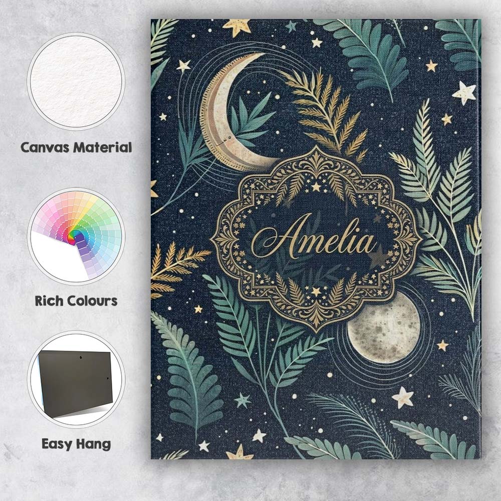 Personalised Name Botanical Moon Leaves Stars Night Sky Seamless Custom  Interior Canvas Wall Art Print Decor Picture Ready to Hang