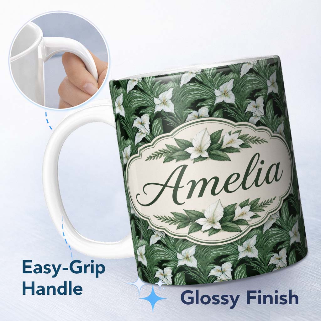Personalized Custom Name Dark Vintage Lily Leaves Floral Seamless Pattern Name Cute Unique 11oz Ceramic Coffee Tea Mug White Large Handle