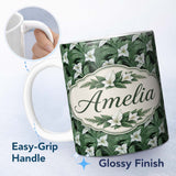 Personalized Custom Name Dark Vintage Lily Leaves Floral Seamless Pattern Name Cute Unique 11oz Ceramic Coffee Tea Mug White Large Handle