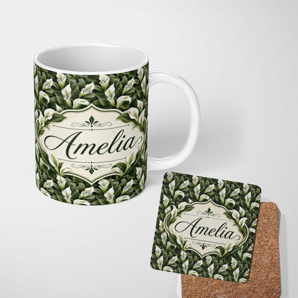 Personalized Custom Name Elegant White Peace Lily Deep Green Leaves Seamless Pattern Name 11oz Ceramic Coffee Tea Mug White Large Handle