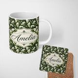 Personalized Custom Name Elegant White Peace Lily Deep Green Leaves Seamless Pattern Name 11oz Ceramic Coffee Tea Mug White Large Handle