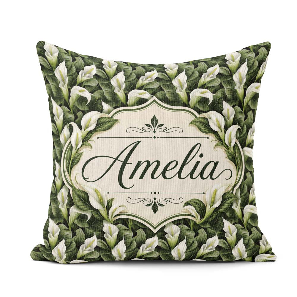 Custom Name Elegant White Peace Lily Deep Green Seamless Pattern Square Filled Cushion Throw Pillow Sofa Bed Home Decor Zip Washable UK Made