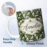 Personalized Custom Name Elegant White Peace Lily Deep Green Leaves Seamless Pattern Name 11oz Ceramic Coffee Tea Mug White Large Handle