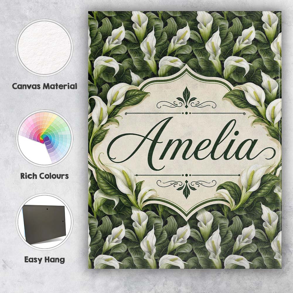 Personalised Name Elegant White Peace Lily Custom  Bespoke Contemporary Statement Canvas Wall Art Print Decor Picture Ready to Hang