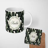 Personalized Custom Name Tropical Calla Lily Jungle Leaves Seamless Pattern Name Cute Unique 11oz Ceramic Coffee Tea Mug White Large Handle