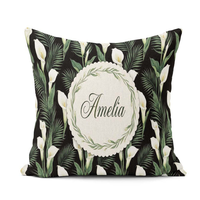 Custom Name Tropical Calla Lily Jungle Leaves Seamless Name Cute Square Filled Cushion Throw Pillow Sofa Bed Home Decor Zip Washable UK Made