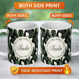 Personalized Custom Name Tropical Calla Lily Jungle Leaves Seamless Pattern Name Cute Unique 11oz Ceramic Coffee Tea Mug White Large Handle