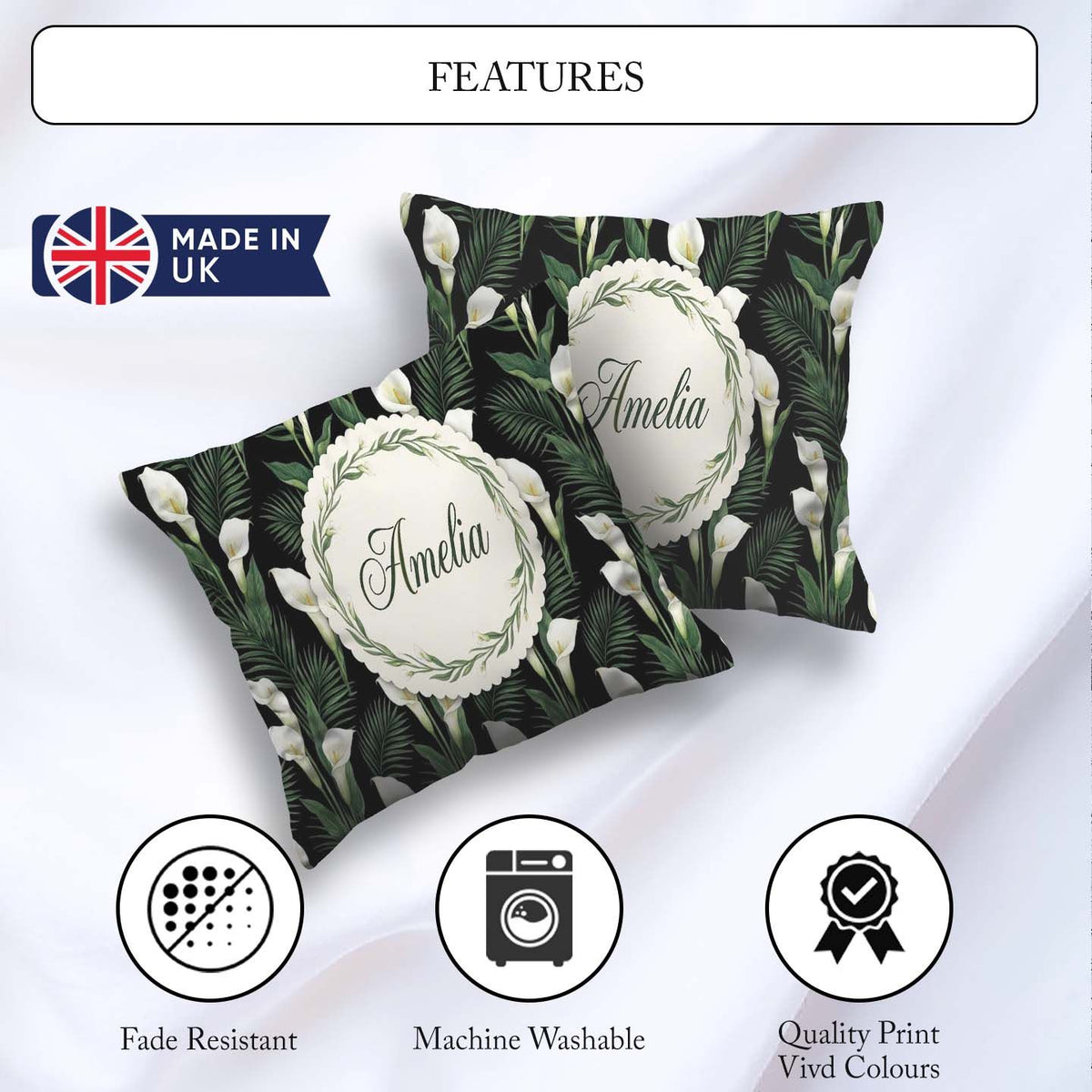 Custom Name Tropical Calla Lily Jungle Leaves Seamless Name Cute Square Filled Cushion Throw Pillow Sofa Bed Home Decor Zip Washable UK Made