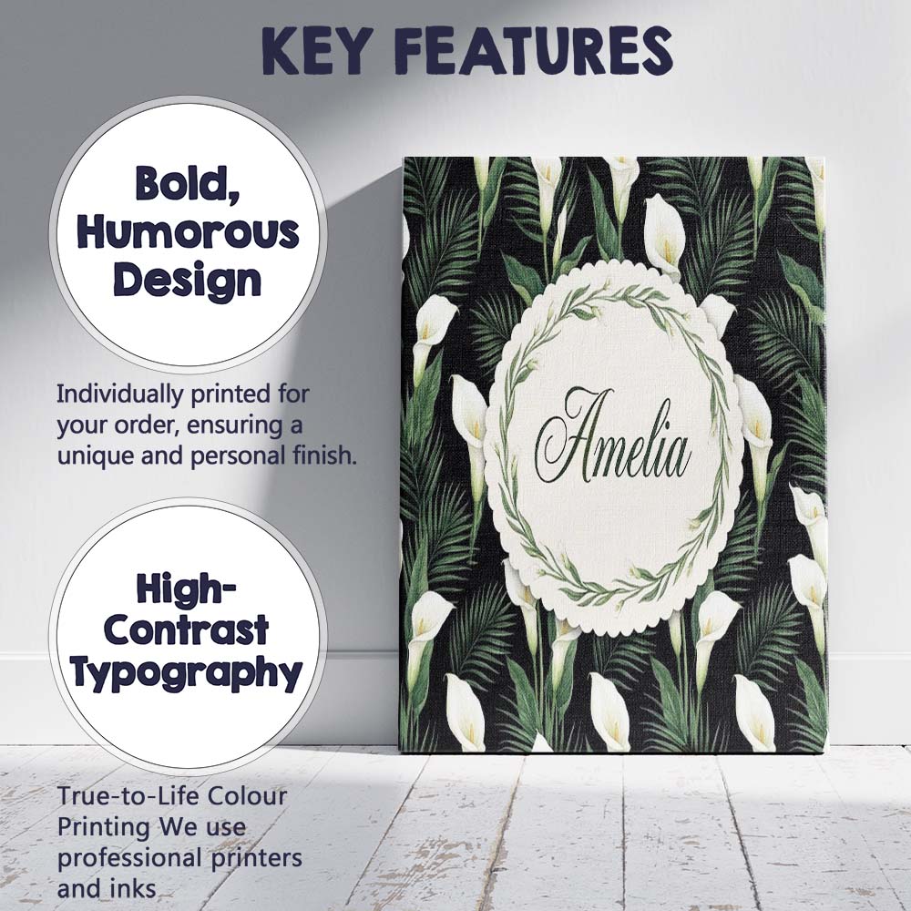 Personalised Name Tropical Calla Lily Custom Modern Room Accent Creative Decorator Style Canvas Wall Art Print Decor Picture Ready to Hang