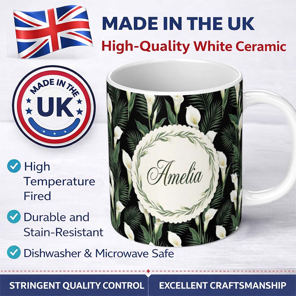 Personalized Custom Name Tropical Calla Lily Jungle Leaves Seamless Pattern Name Cute Unique 11oz Ceramic Coffee Tea Mug White Large Handle