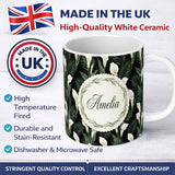 Personalized Custom Name Tropical Calla Lily Jungle Leaves Seamless Pattern Name Cute Unique 11oz Ceramic Coffee Tea Mug White Large Handle