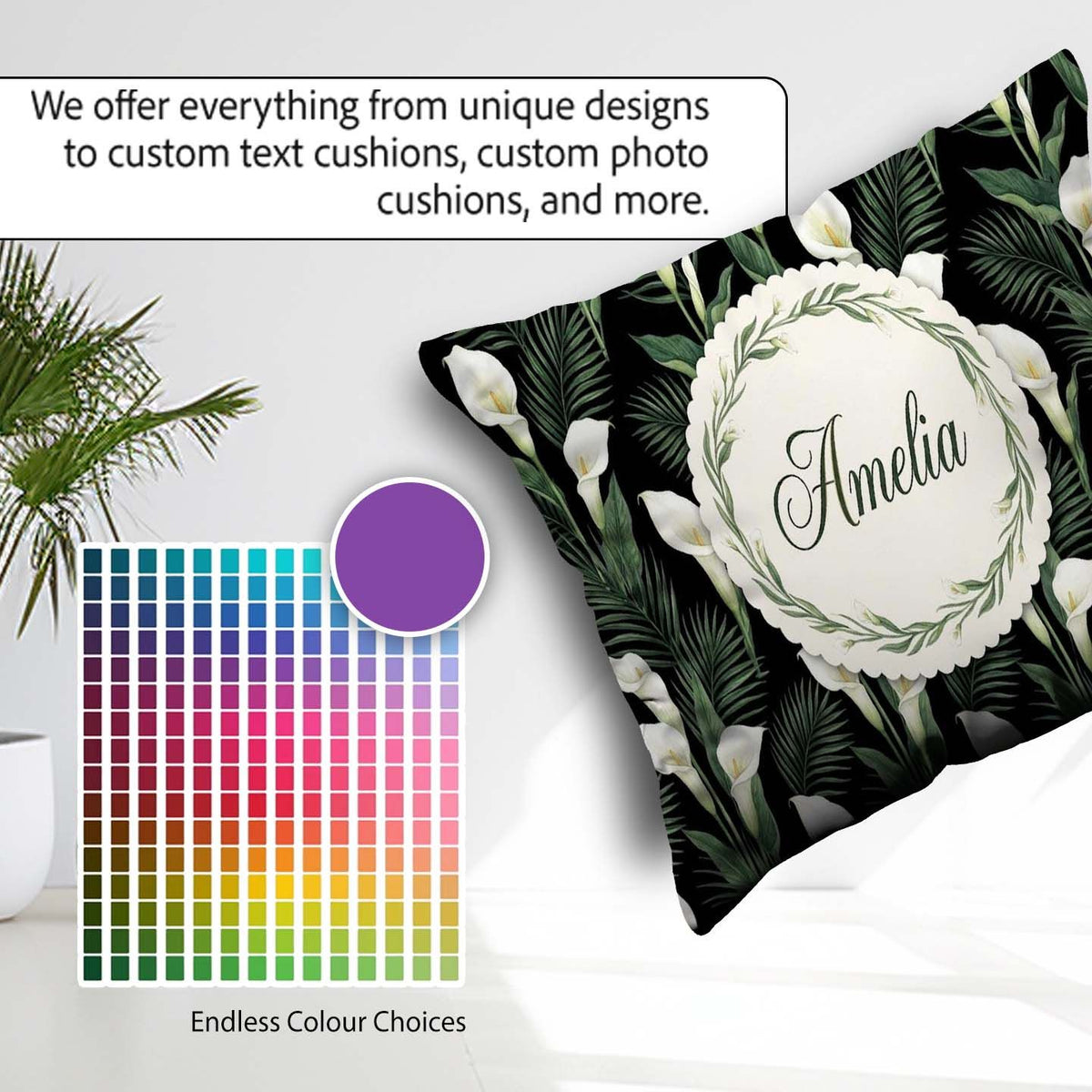 Custom Name Tropical Calla Lily Jungle Leaves Seamless Name Cute Square Filled Cushion Throw Pillow Sofa Bed Home Decor Zip Washable UK Made
