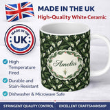 Personalized Custom Name Dense Botanical Peace Lily Dark Foliage Seamless Pattern Name Cute 11oz Ceramic Coffee Tea Mug White Large Handle