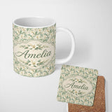Personalized Custom Name Soft Cream Lily Floral Vintage Seamless Pattern Name Cute Unique 11oz Ceramic Coffee Tea Mug White Large Handle