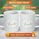 Personalized Custom Name Delicate Minimal Leaf Branch Pastel Seamless Pattern Name Cute 11oz Ceramic Coffee Tea Mug White Large Handle
