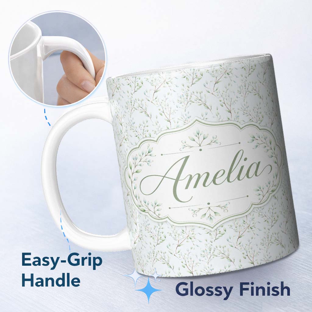 Personalized Custom Name Delicate Minimal Leaf Branch Pastel Seamless Pattern Name Cute 11oz Ceramic Coffee Tea Mug White Large Handle