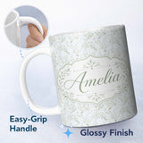 Personalized Custom Name Delicate Minimal Leaf Branch Pastel Seamless Pattern Name Cute 11oz Ceramic Coffee Tea Mug White Large Handle