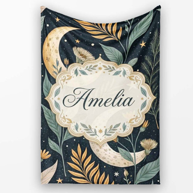 Golden Celestial Floral Swirl Stars Night Seamless Pattern Lovely  Personalised Custom Name Super Soft Fleece Blanket Bed Sofa Throw