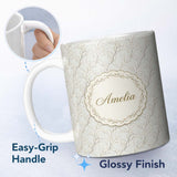 Personalized Custom Name Neutral Beige Twig Branch Botanical Seamless Pattern Name Cute 11oz Ceramic Coffee Tea Mug White Large Handle