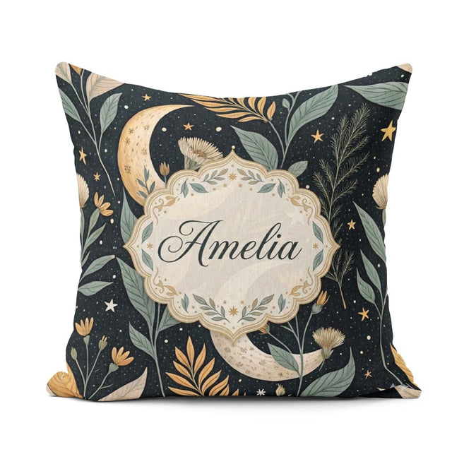 Custom Name Golden Celestial Floral Swirl Stars Seamless Pattern Square Filled Cushion Throw Pillow Sofa Bed Home Decor Zip Washable UK Made