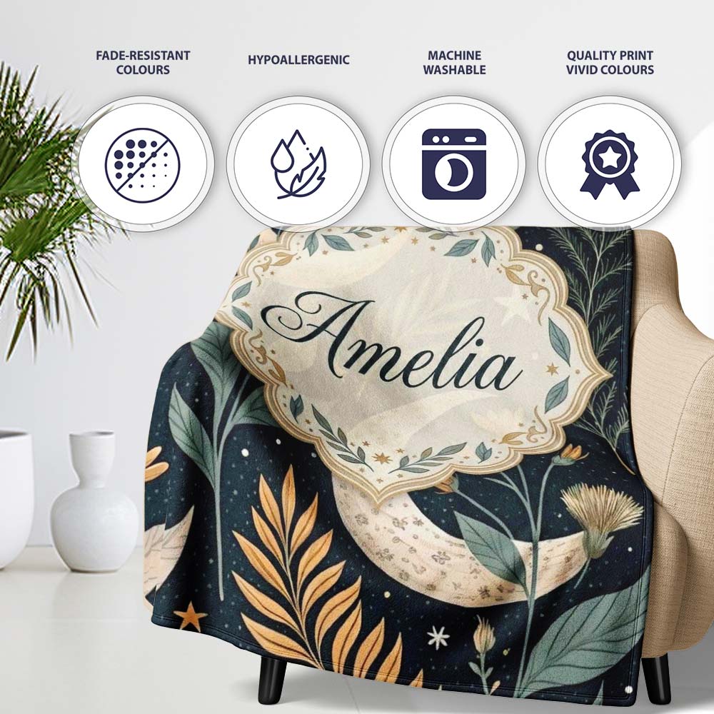 Golden Celestial Floral Swirl Stars Night Seamless Pattern Lovely  Personalised Custom Name Super Soft Fleece Blanket Bed Sofa Throw