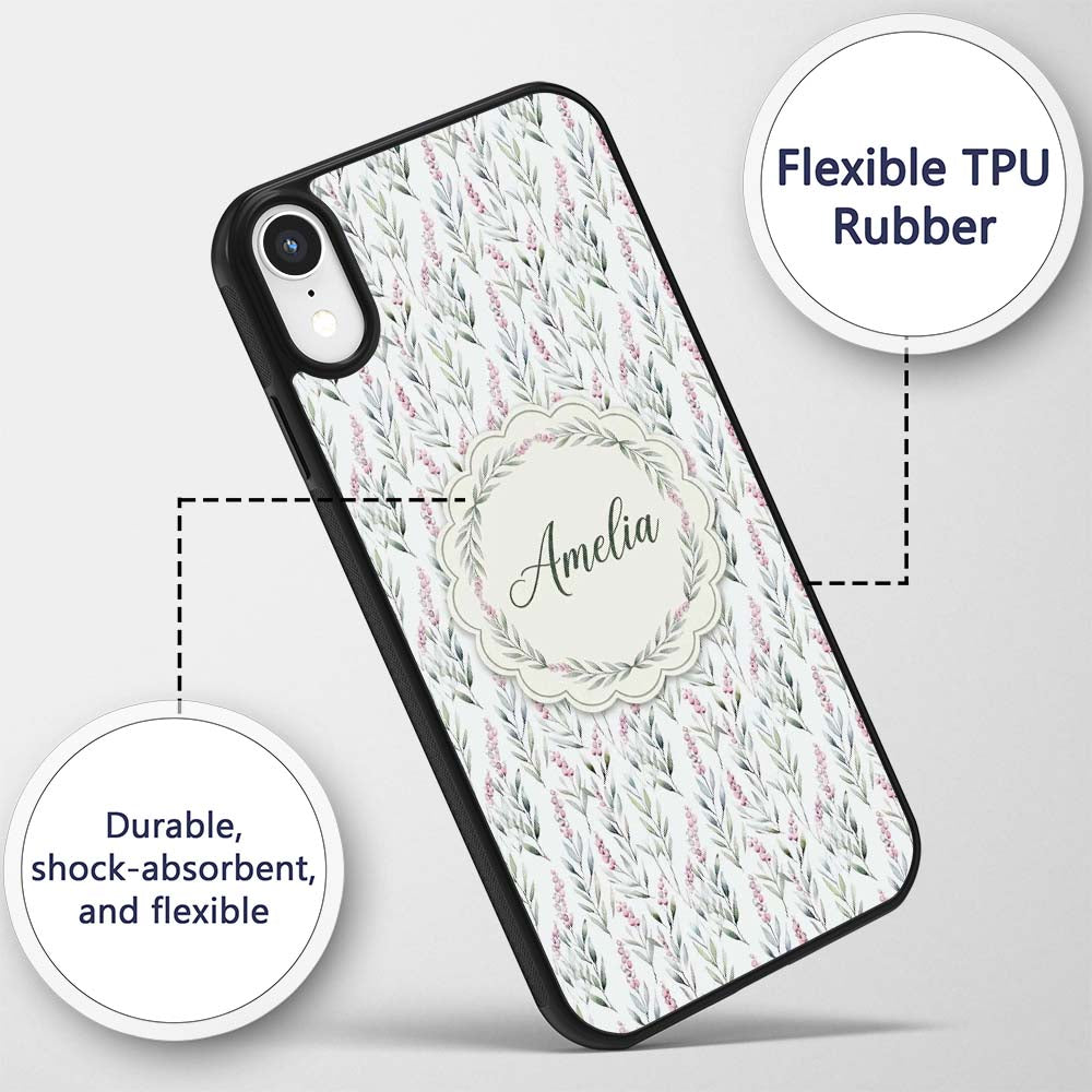 Soft Pastel Botanical Leaves with Pink Berries Custom Name Protective Phone Case Mobile Cover Durable Everyday Smartphone Shock Resistant