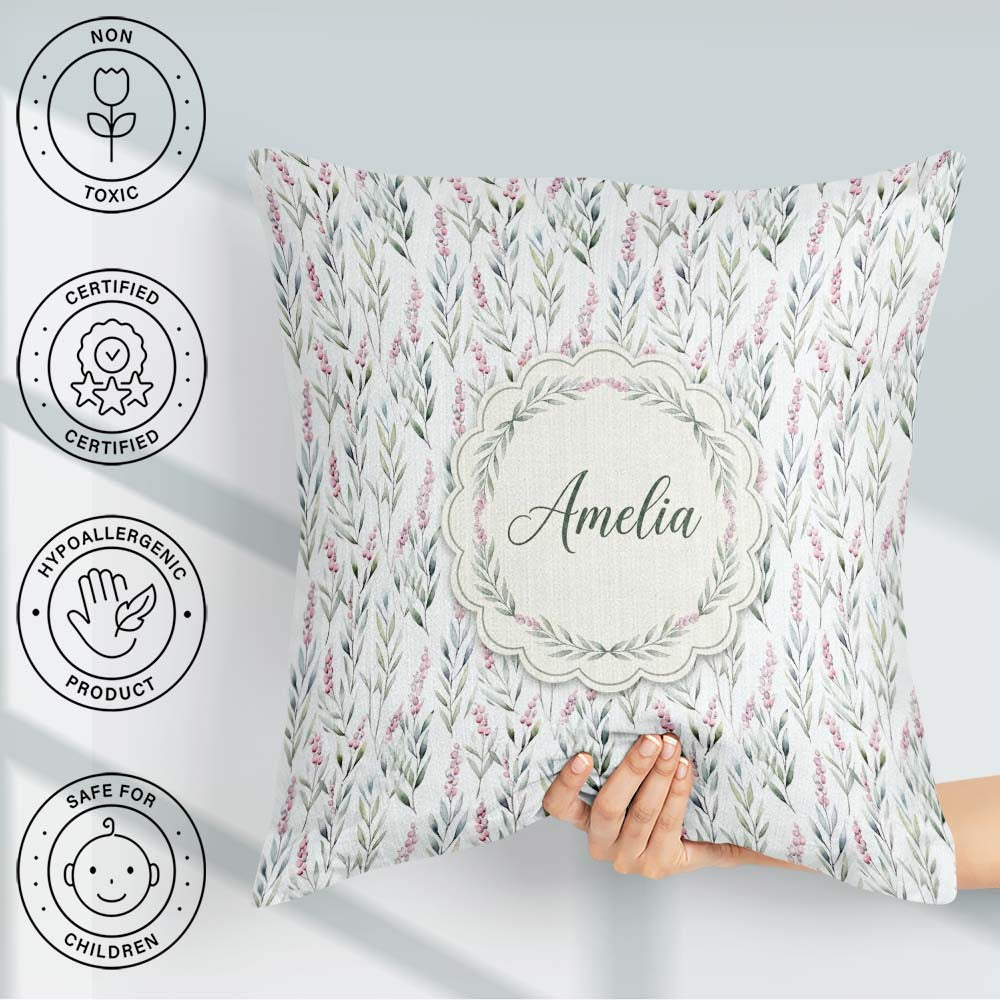 Custom Name Soft Pastel Botanical with Berries Seamless Pattern Square Filled Cushion Throw Pillow Sofa Bed Home Decor Zip Washable UK Made
