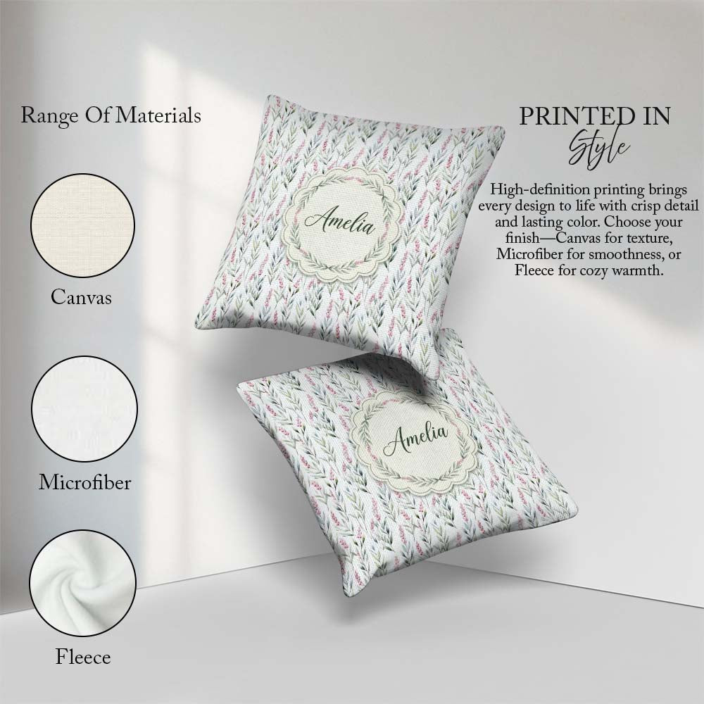 Custom Name Soft Pastel Botanical with Berries Seamless Pattern Square Filled Cushion Throw Pillow Sofa Bed Home Decor Zip Washable UK Made