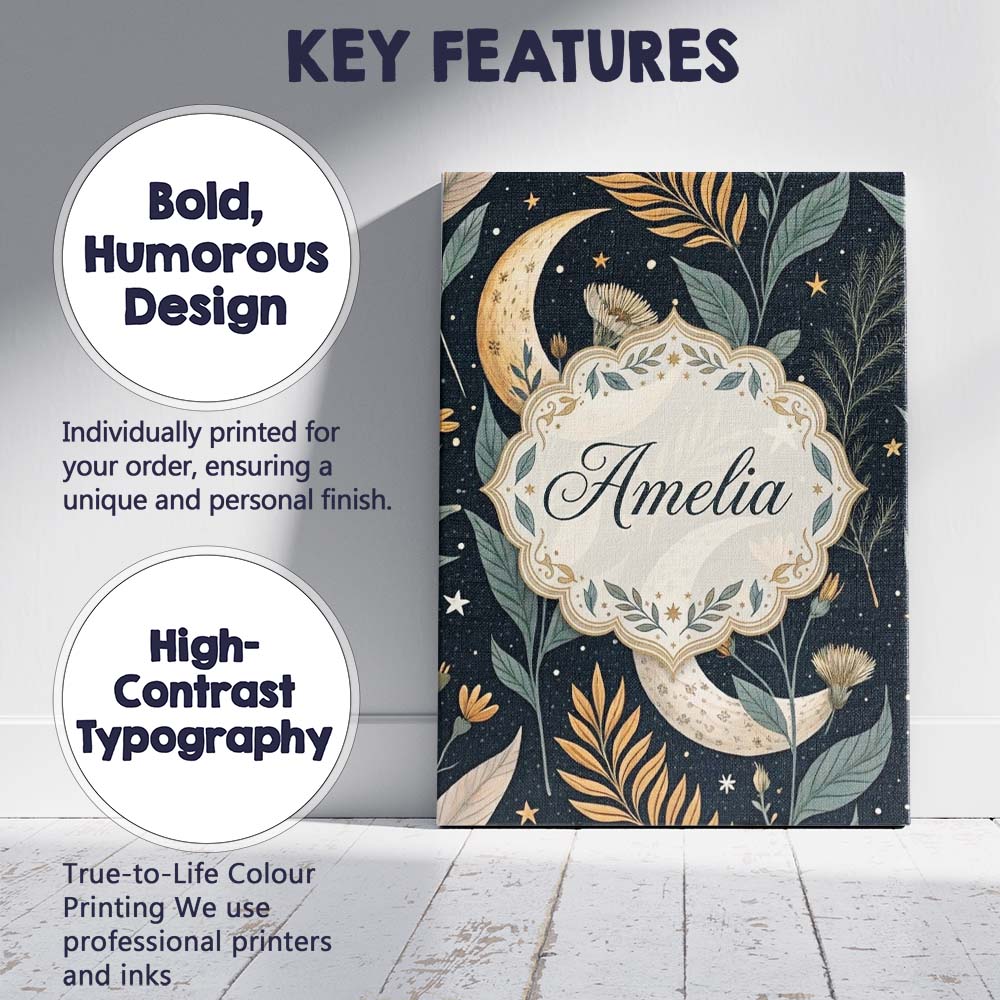 Personalised Name Golden Celestial Floral Swirl Stars Night Seamless Custom  Home Canvas Wall Art Print Decor Picture Ready to Hang