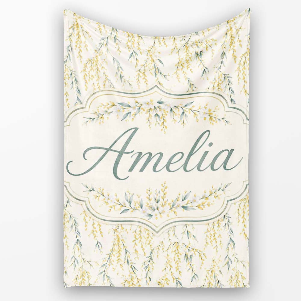 Elegant Hanging Yellow Floral Branches Seamless Pattern Name Cute  Personalised Custom Name Super Soft Fleece Blanket Bed Sofa Throw