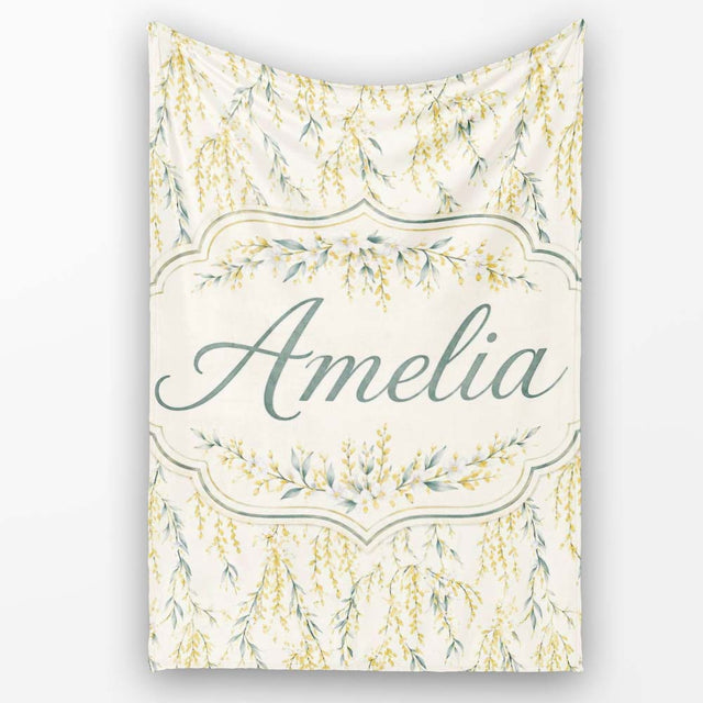 Elegant Hanging Yellow Floral Branches Seamless Pattern Name Cute  Personalised Custom Name Super Soft Fleece Blanket Bed Sofa Throw