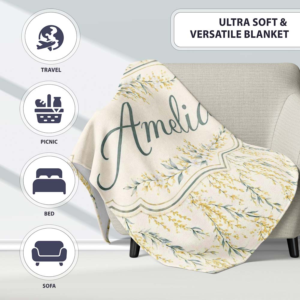 Elegant Hanging Yellow Floral Branches Seamless Pattern Name Cute  Personalised Custom Name Super Soft Fleece Blanket Bed Sofa Throw