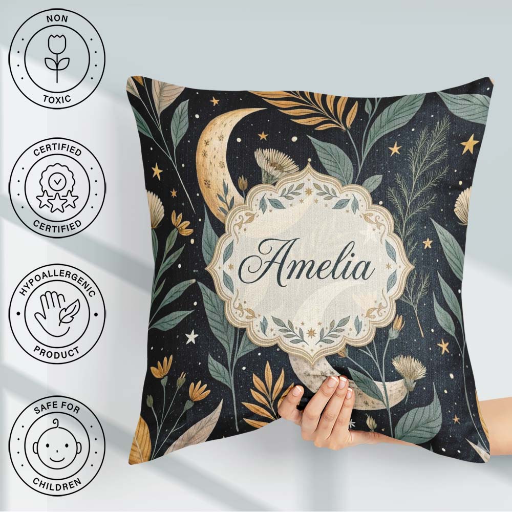 Custom Name Golden Celestial Floral Swirl Stars Seamless Pattern Square Filled Cushion Throw Pillow Sofa Bed Home Decor Zip Washable UK Made