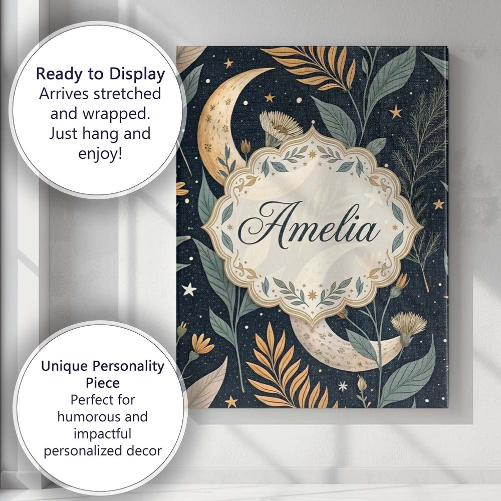 Personalised Name Golden Celestial Floral Swirl Stars Night Seamless Custom  Home Canvas Wall Art Print Decor Picture Ready to Hang