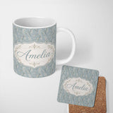 Personalized Custom Name Delicate White Blossom Branches on Blue Background Seamless Pattern 11oz Ceramic Coffee Tea Mug White Large Handle