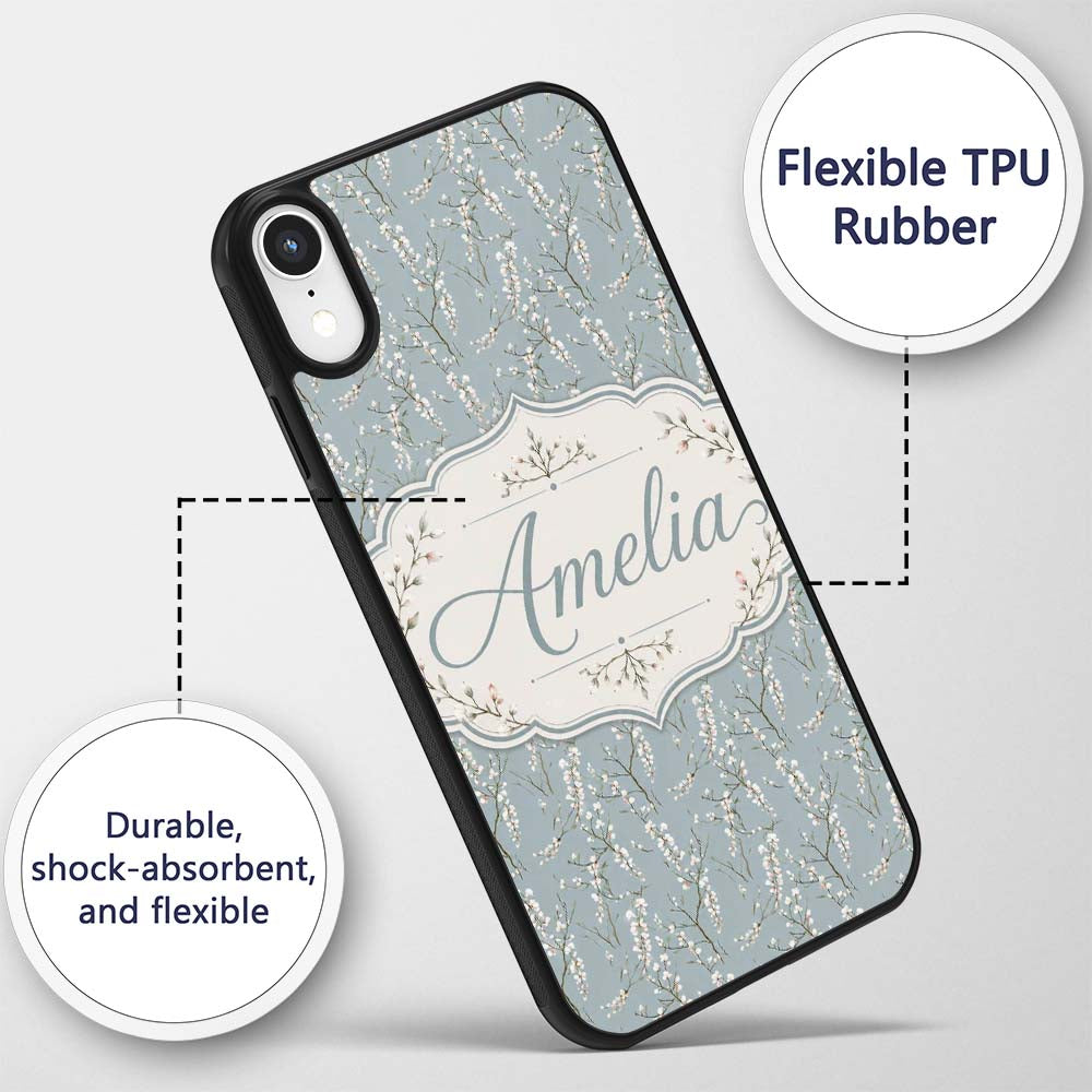 Delicate White Blossom Branches on Printed Design Custom Name Protective Phone Case Mobile Cover Durable Everyday Smartphone Shock Resistant