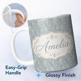 Personalized Custom Name Delicate White Blossom Branches on Blue Background Seamless Pattern 11oz Ceramic Coffee Tea Mug White Large Handle