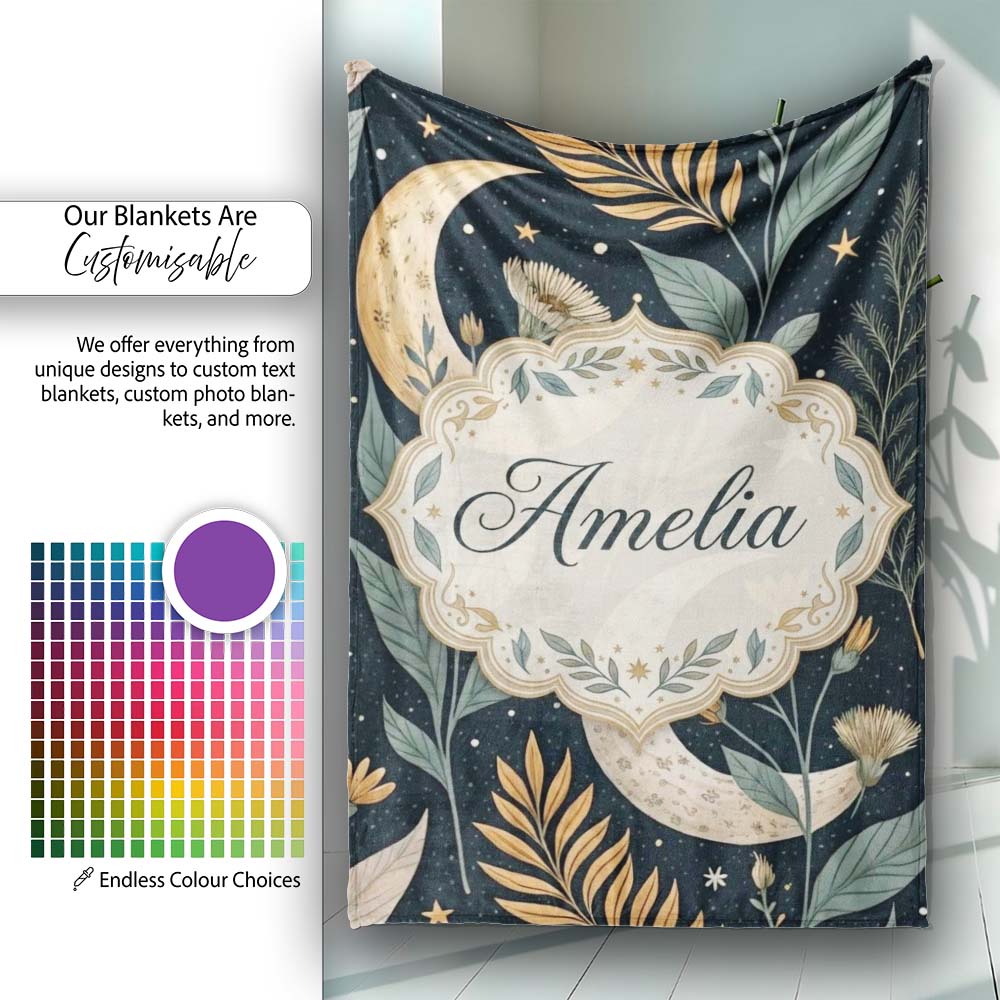 Golden Celestial Floral Swirl Stars Night Seamless Pattern Lovely  Personalised Custom Name Super Soft Fleece Blanket Bed Sofa Throw