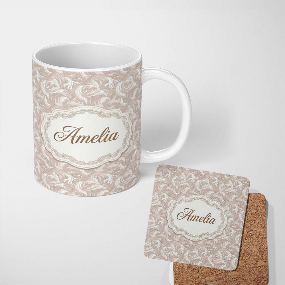 Personalized Custom Name Classic Beige Swirl Damask Ornamental Seamless Pattern Name Cute 11oz Ceramic Coffee Tea Mug White Large Handle
