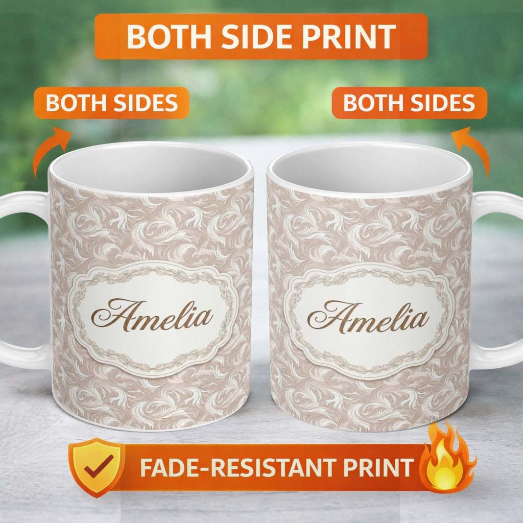 Personalized Custom Name Classic Beige Swirl Damask Ornamental Seamless Pattern Name Cute 11oz Ceramic Coffee Tea Mug White Large Handle