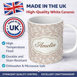 Personalized Custom Name Classic Beige Swirl Damask Ornamental Seamless Pattern Name Cute 11oz Ceramic Coffee Tea Mug White Large Handle