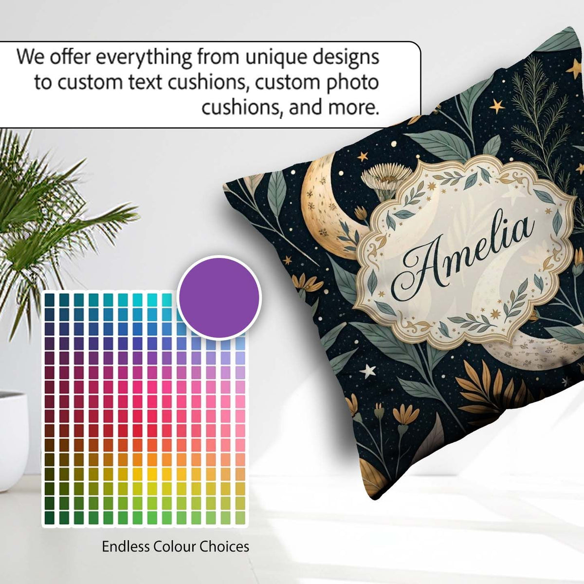 Custom Name Golden Celestial Floral Swirl Stars Seamless Pattern Square Filled Cushion Throw Pillow Sofa Bed Home Decor Zip Washable UK Made